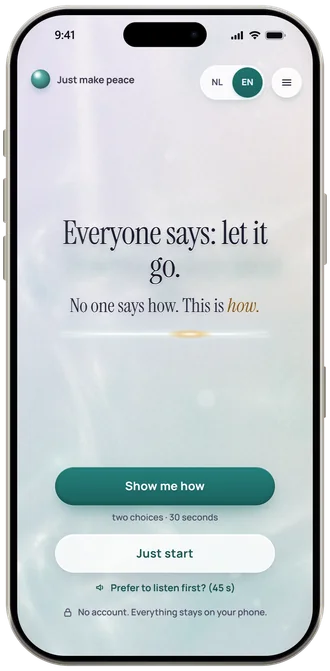 The first screen of the app: the same opening line as at the top of this page, on water, with the buttons Show me how and Just start.