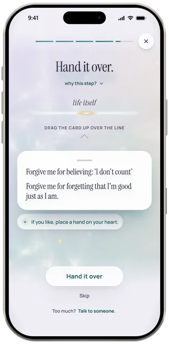 Step 12 in the app: Hand it over. Life itself above the line, below it the card with the old belief I don’t count, and the button Hand it over.